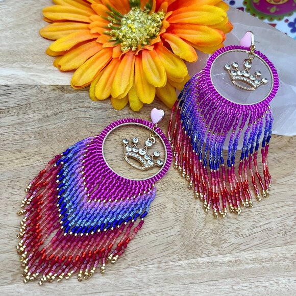 Handmade Beaded Queen Long Fringe Dangle Drop Lightweight Post Hoop Earrings Wow - Picture 6 of 9